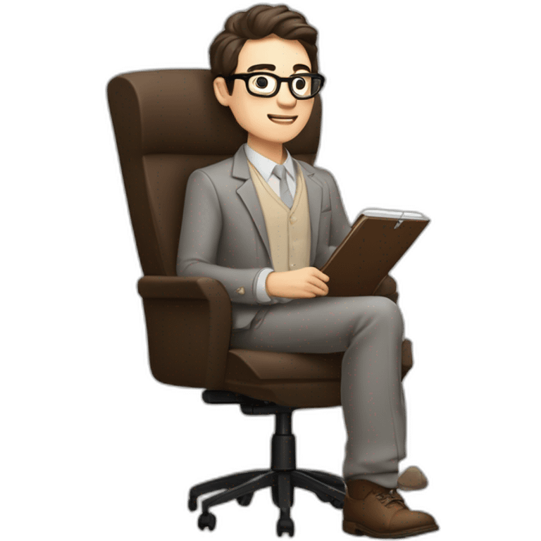 Pale skinned Fit Man With dark brown hair in gray jacket, beige office shirt, Brown pants and vintage glasses sitting In a soft chair with a notebook on spring with emblem Ψ and a pen emoji