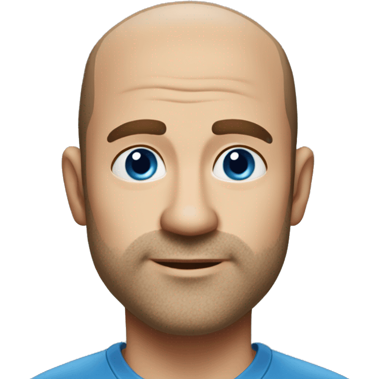 45-year-old man with a slightly round face, very short, almost shaved hair with a small central crest and a slightly receding hairline. He has blue eyes, subtle stubble emoji