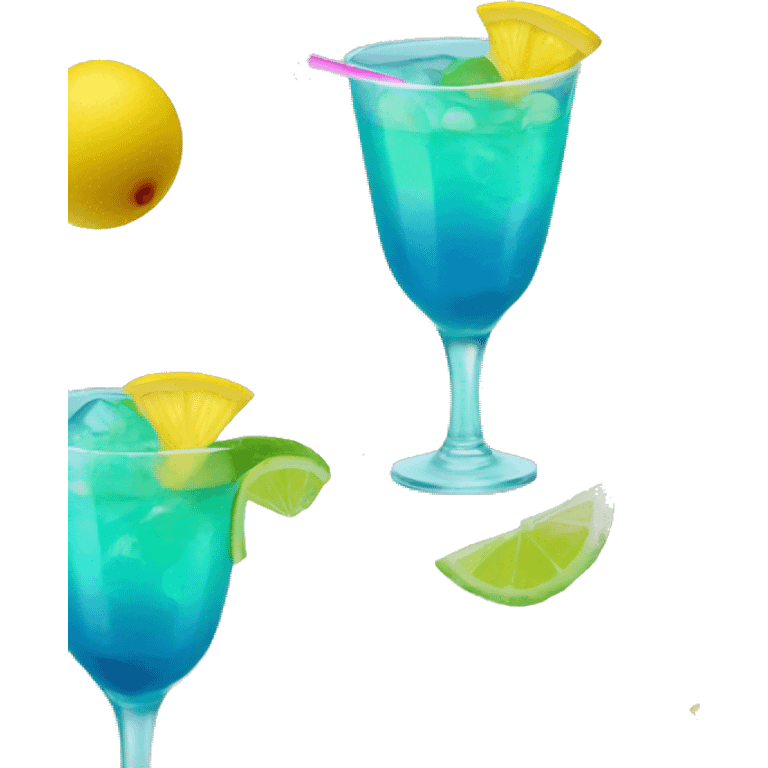 Bluish green cocktail with pink and yellow emoji