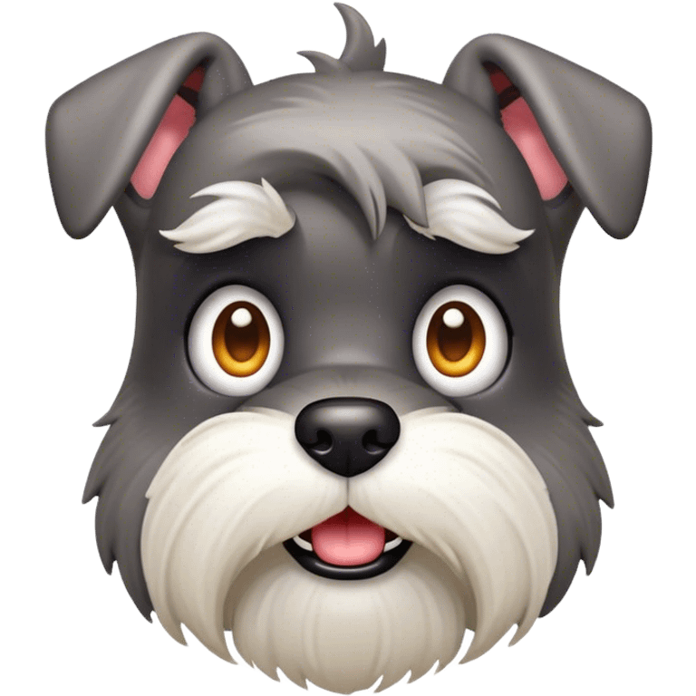 Cinematic Comical Miniature Schnauzer Portrait Emoji, Head tilted dramatically with a comically shocked expression and large, animated eyes, featuring a sharply defined salt-and-pepper fur with exaggerated, humorous eyebrows, simplified yet hilariously detailed, glowing with a bold, playful radiance, high shine, exuding a spirited and cheeky charm, styled with a soft glowing outline, capturing the essence of a Miniature Schnauzer that appears ready to dash into a burst of comic energy! emoji