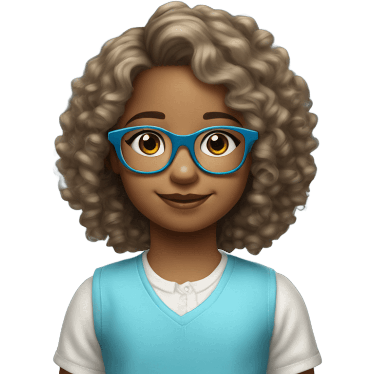 6 year old little girl light skin hazel eyes wearing light blue glasses with medium length curly hair emoji