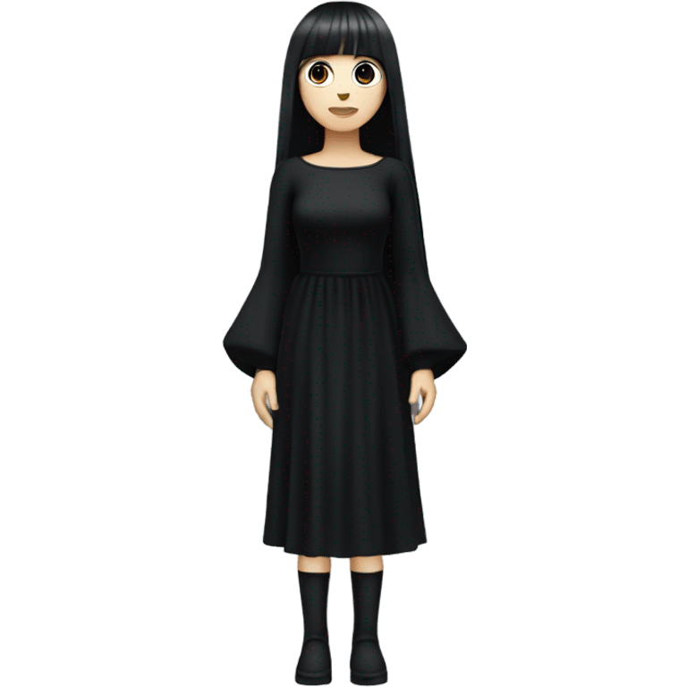  one single goth women full body, wearing long big bell arms, black dress, long hair with bangs, white skin, dark hair,  emoji