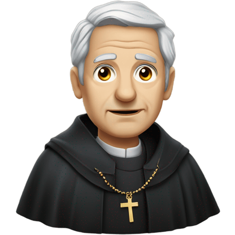 "An older man with grey hair, a weathered face, and a solemn expression. He wears a black robe with a clerical collar and holds a Bible or rosary, standing in a modest church." emoji