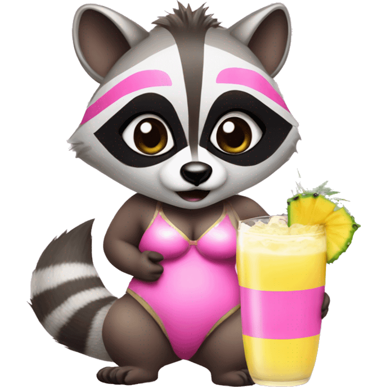 A feminine raccoon with long eyelashes, wearing a pink bikini holding a pina colada emoji