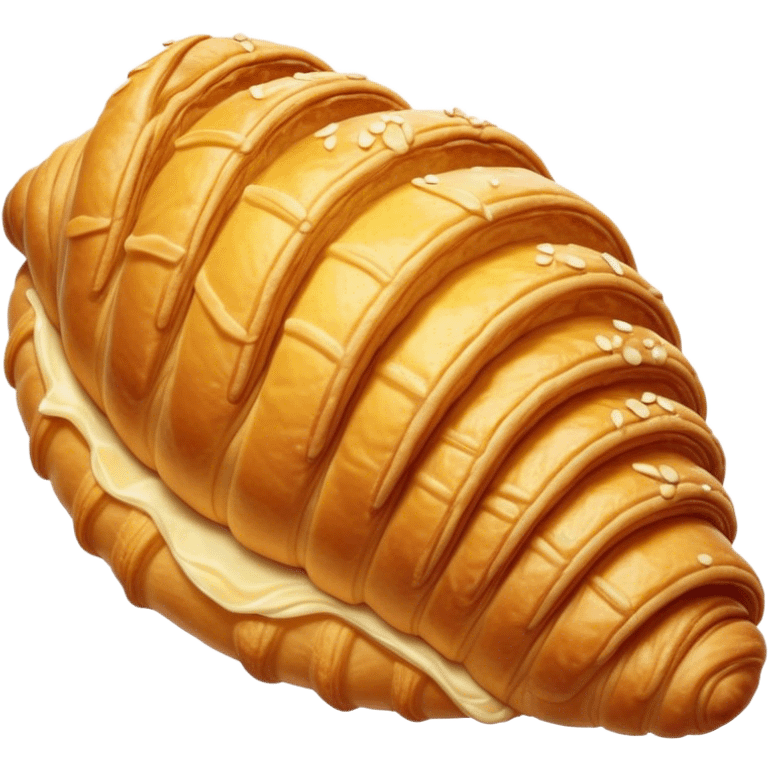 Cinematic golden croissant, perfectly flaky with crisp layers, slightly cracked to reveal buttery soft interior, warm golden glow, highly detailed and inviting. emoji