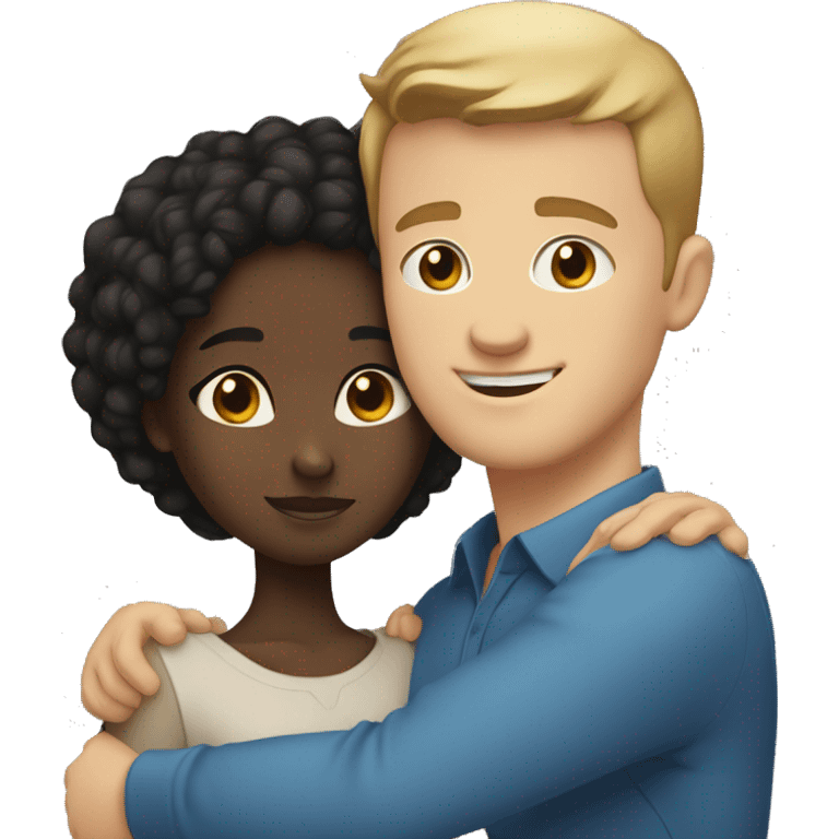 black girl with short hair and white guy with blue eyes hugging emoji