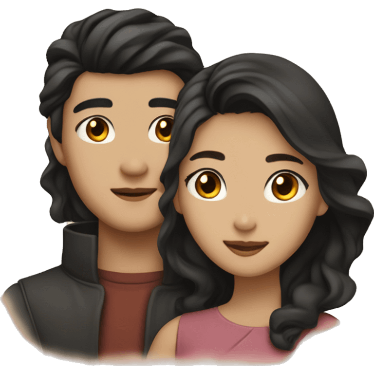 A half pale Asian man with short dark hair and amber eyes embracing and loving a half Asian woman with long wavy dark hair and dark hazel eyes. They love each other a lot And have good fashion taste. emoji