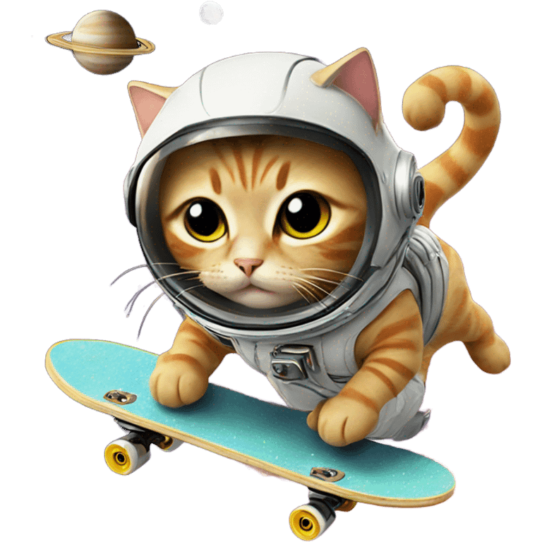 Cat skateboarding in space on saturn, while eating noodles emoji