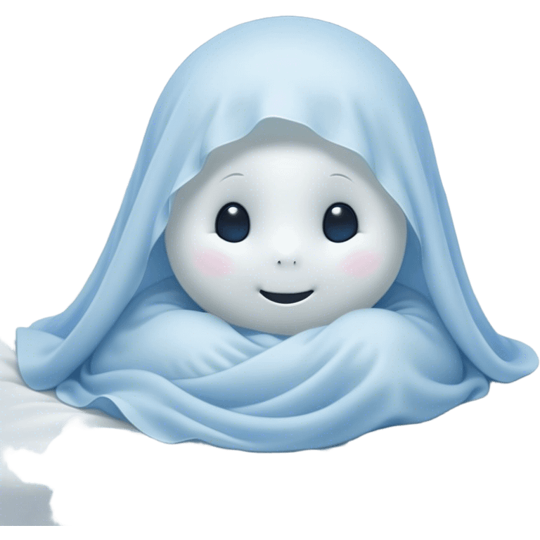 An adorable, peacefully floating sheet-like ghost in gentle pastel whites and blues, its soft, rounded form loosely draped, head resting with closed, serene sparkling eyes and a tiny, contented smile, simplified yet irresistibly charming, highly detailed, with a soft glowing outline that captures the essence of a sleepy, endearing spirit wrapped in cozy slumber! emoji