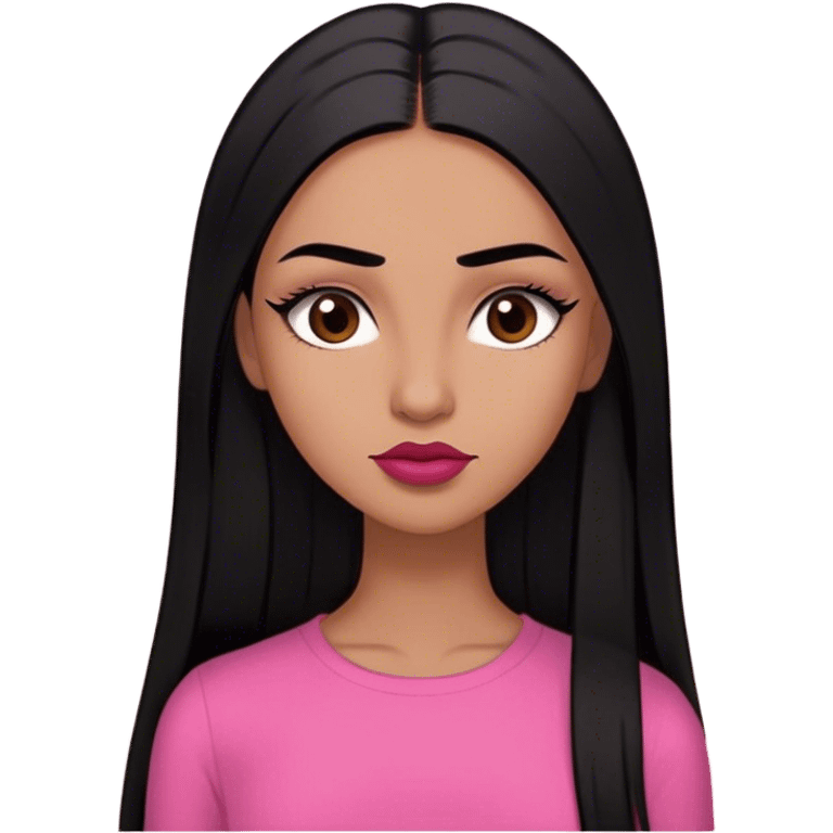 Woman,light brown skin,super long black straight hair, medium brown arched eyebrows, full lashes, red nude lips , pink shirt, small forehead  emoji