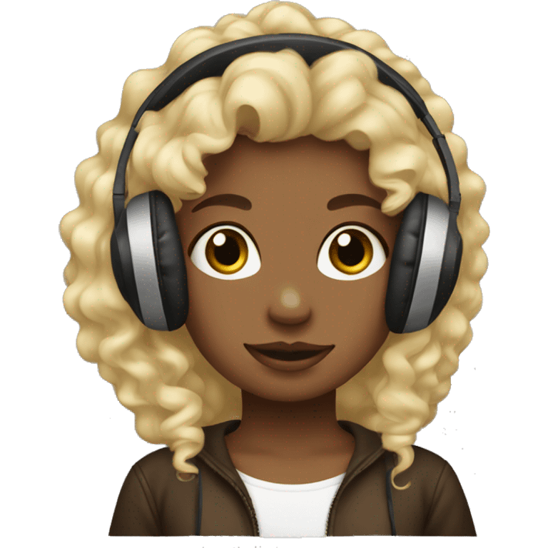 Blondie curly girl with cow headphones dark brown emoji