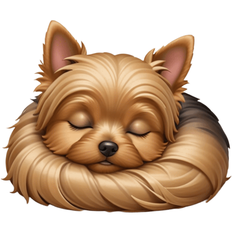 Meme-Worthy Cute Sleeping Yorkshire Terrier Portrait Emoji, Head resting gently with a peaceful, contented expression and softly closed, dreamy eyes, featuring a well-groomed, silky fur in rich hues, simplified yet irresistibly endearing, highly detailed, glowing with a gentle, drowsy radiance, high shine, exuding relaxed, heart-melting charm, styled with a soft glowing outline, capturing the essence of a sleeping Yorkshire Terrier that looks as if it could drift off into a sweet, meme-worthy slumber! emoji