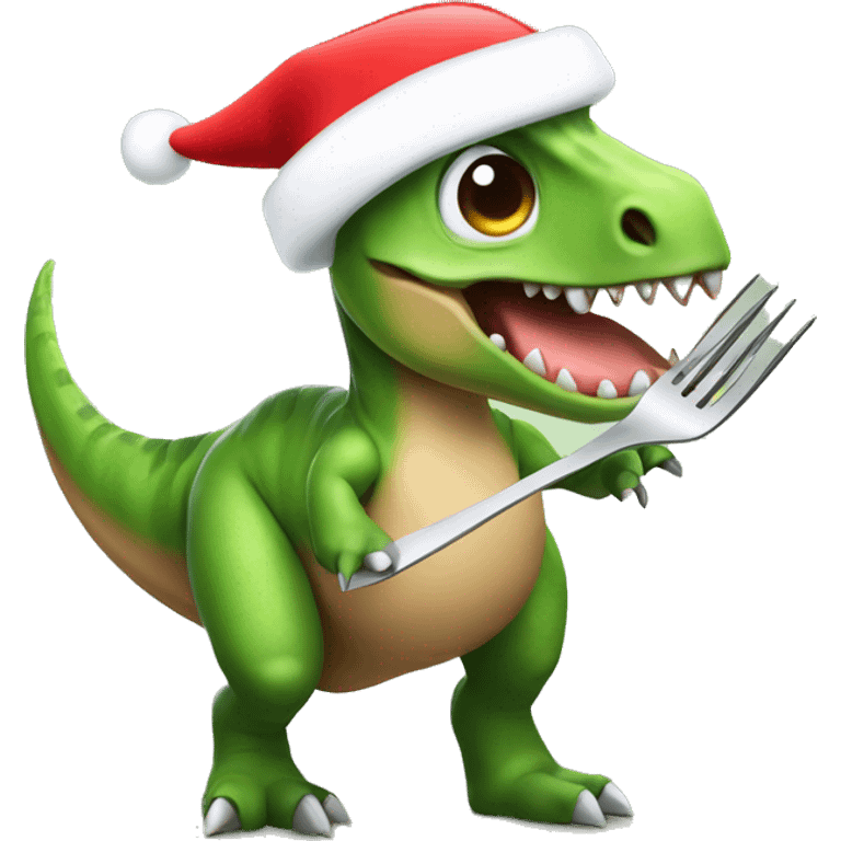 dinosaur wearing christmas hat with fork in hand emoji