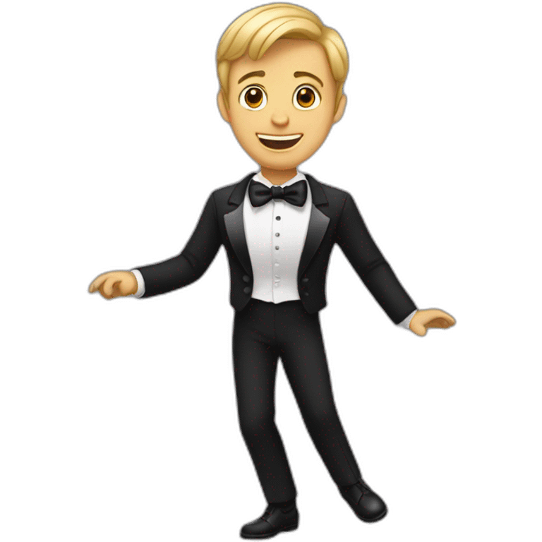 A short hair guy dancing in a tuxedo emoji