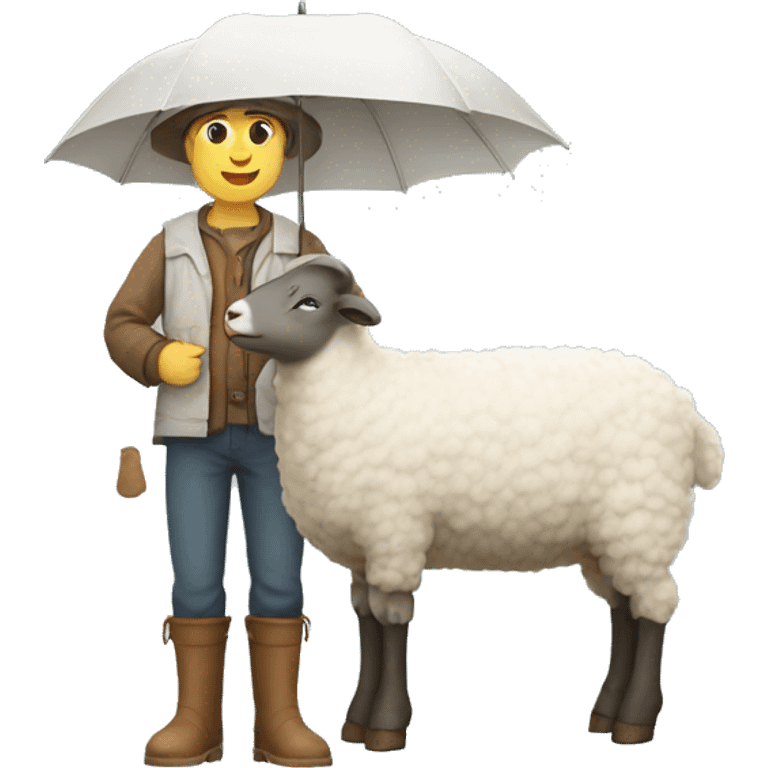 Profile Sheep with big rain’s boots and farmer boy behind it emoji