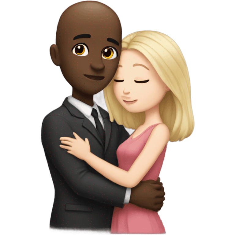 White girl dark hair kissing bald black man emoji