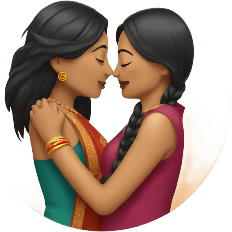 Indian lady kissing Chinese lady  emoji