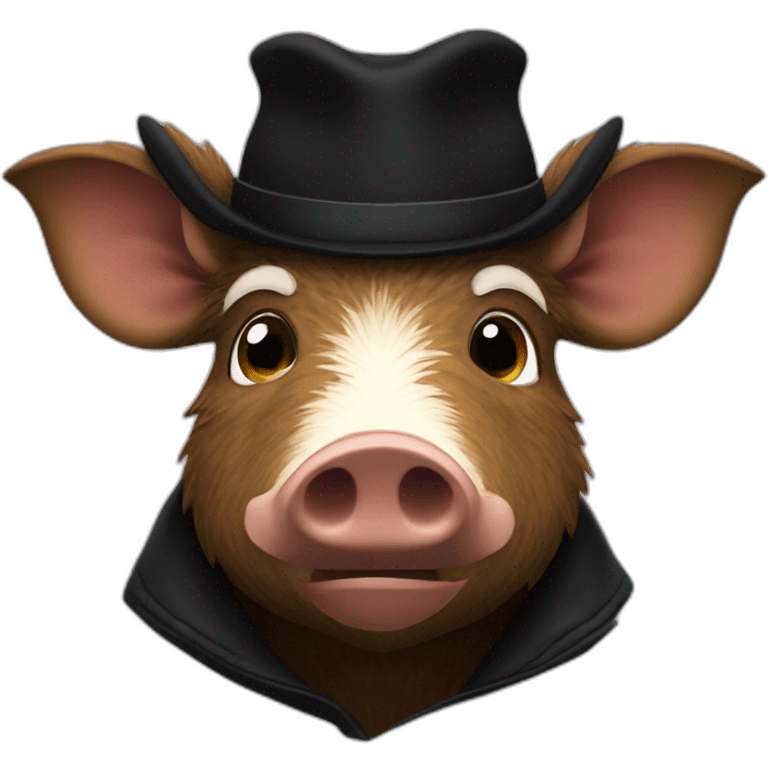 a wild tired brown boar in a black jacket and a black winter hat emoji