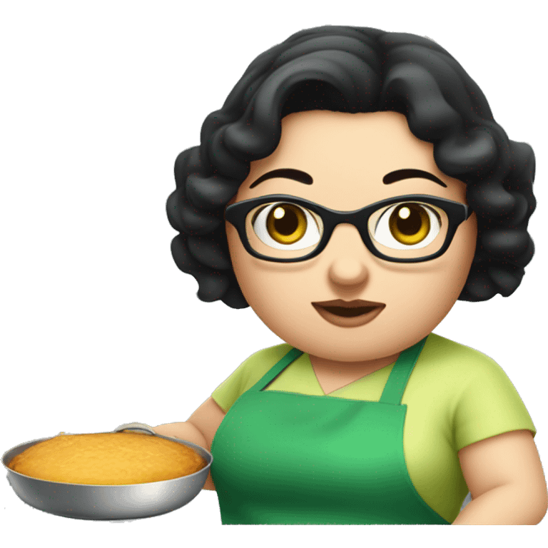 chubby lady with black hair and big eyes green apron  with glasses cooking  emoji