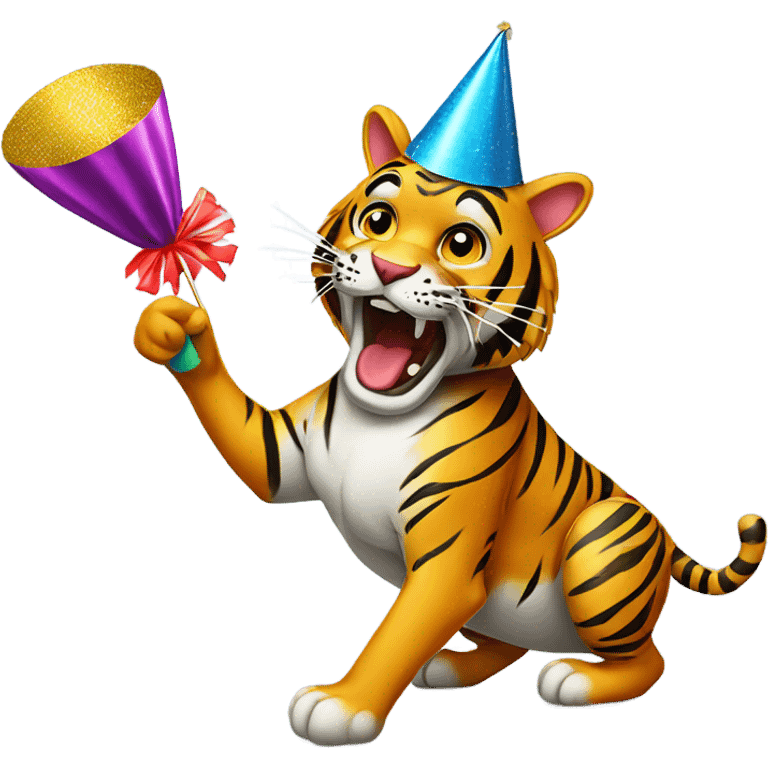 Party Tiger with a party hat and a party popper emoji