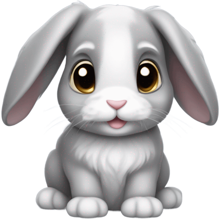 A cute gray lop-eared rabbit with soft, droopy ears and big, shiny eyes. On its belly, there’s a small, adorable heart symbol. The overall look is fluffy, friendly, and heartwarming. emoji