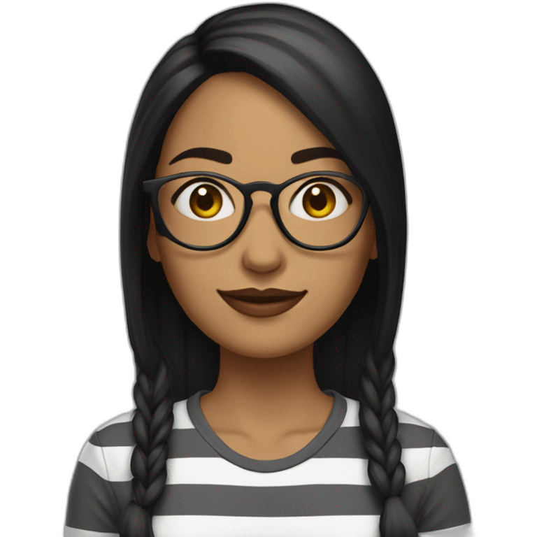 woman, black mid long hair, glasses on top of her head, long shirt with stripes emoji