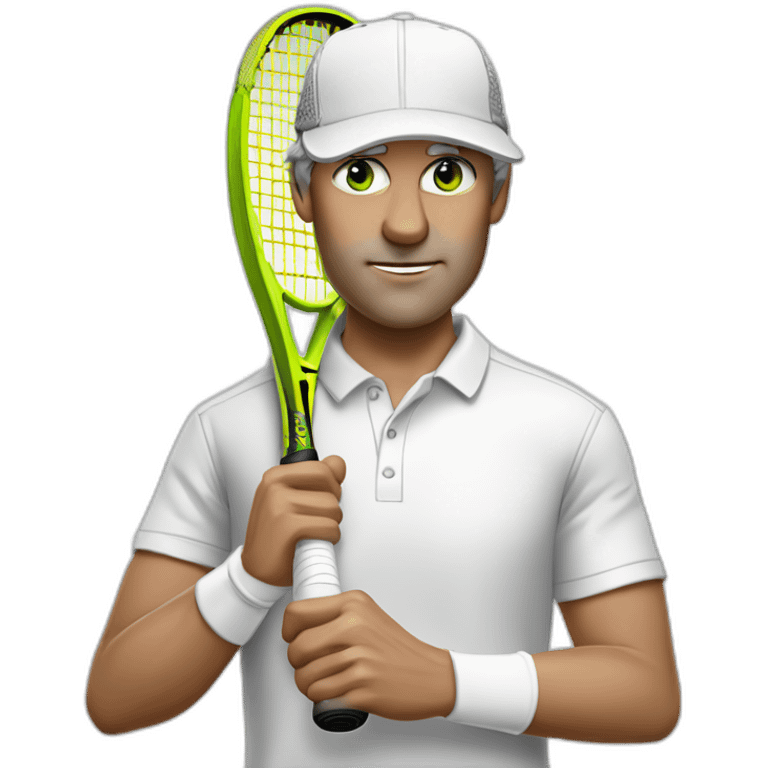 Tennisplayer green-eyed white-male in his 50s,gray-hear and gray-knob, white cap and white-shirt with tennis-raquet and tennis-ball emoji