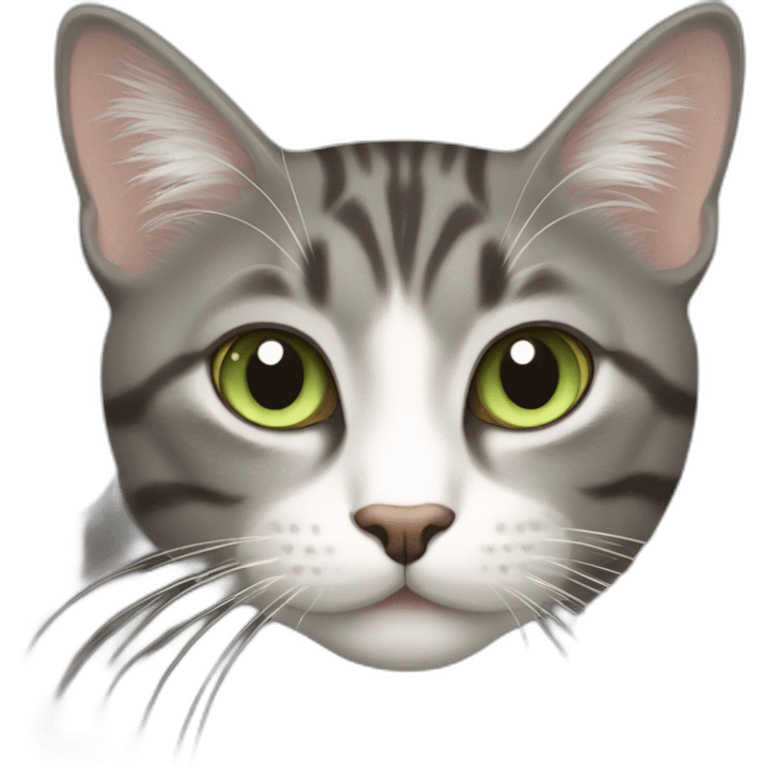 Tabby gray cat with white mouth and white nose and light green eyes emoji