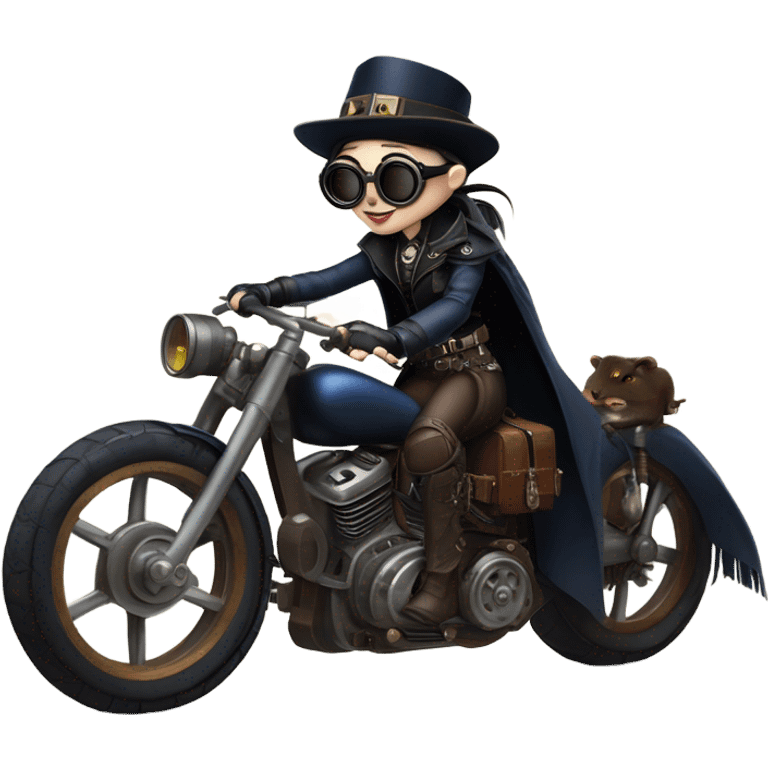 Bounty hunter Wednesday Addams Jedi wearing a pair of navy-blue rimmed steampunk goggles, hat, leather chaps, fringe jacket riding a relaxed sci-fi 3 wheeler reverse-trike steampunk rat rod motorcycle with large fenders and saddlebags in desert town  emoji