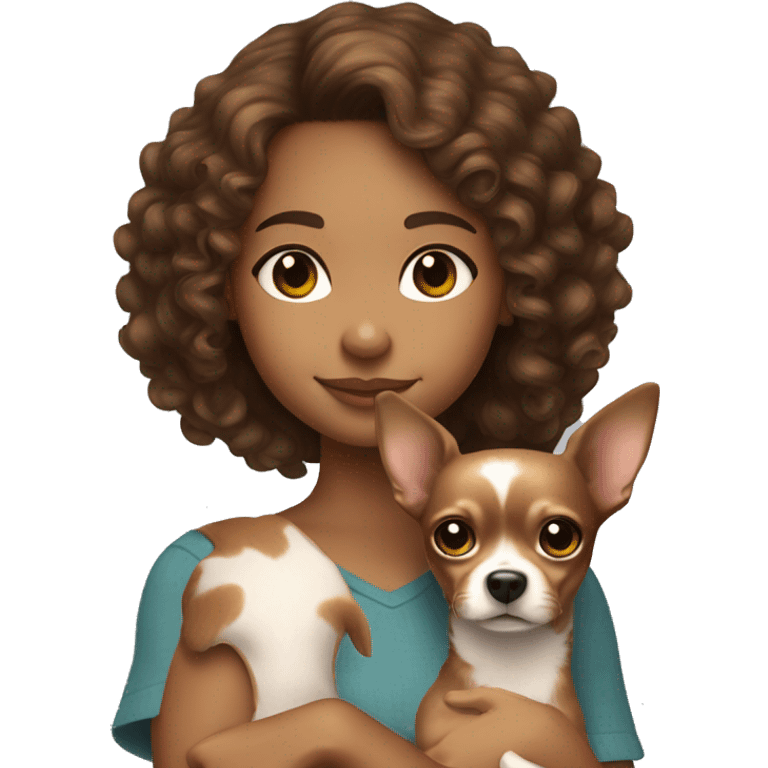 a brown-haired girl with brown eyes and curly hair holds a Chihuahua dog in her arms emoji