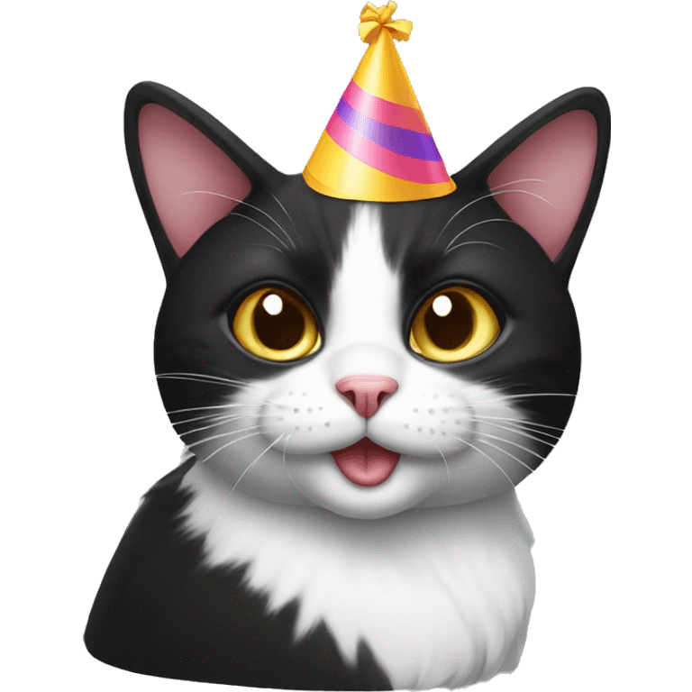 black and white cat with a birthday hat emoji