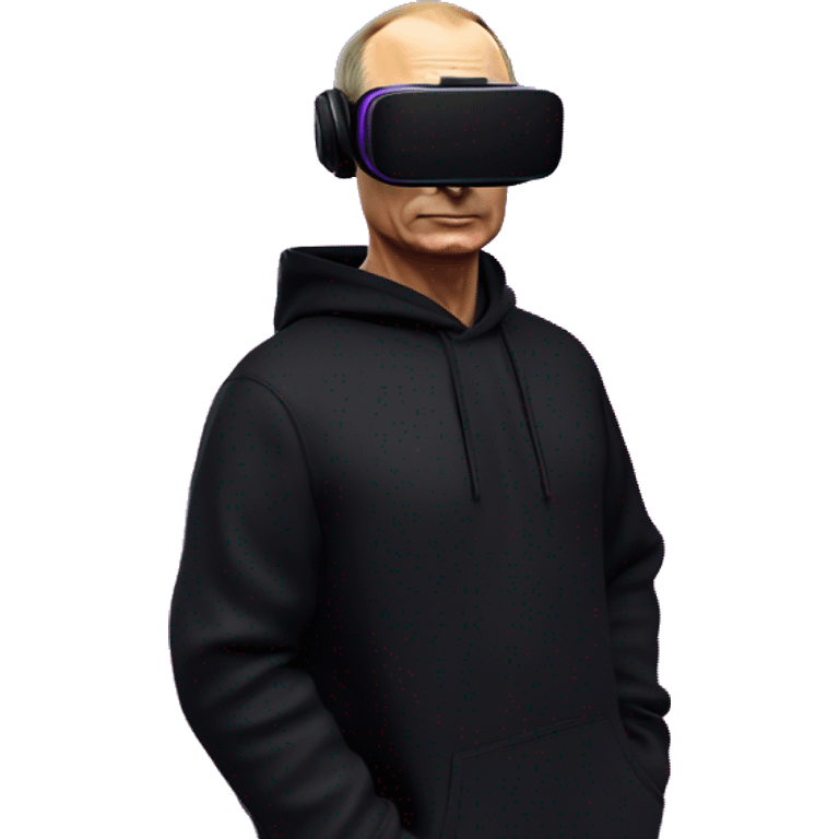 Vladimir Putin wearing a black hoodie with "OMG" letters on it and VR headset oculus quest 2 in a cyberpunk VR environment with violet neon lighting. emoji