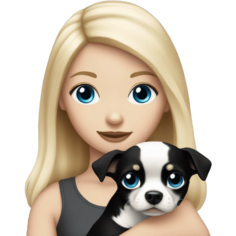 Blonde haired white girl with blue eyes holding a black and white Chihuahua ￼ emoji