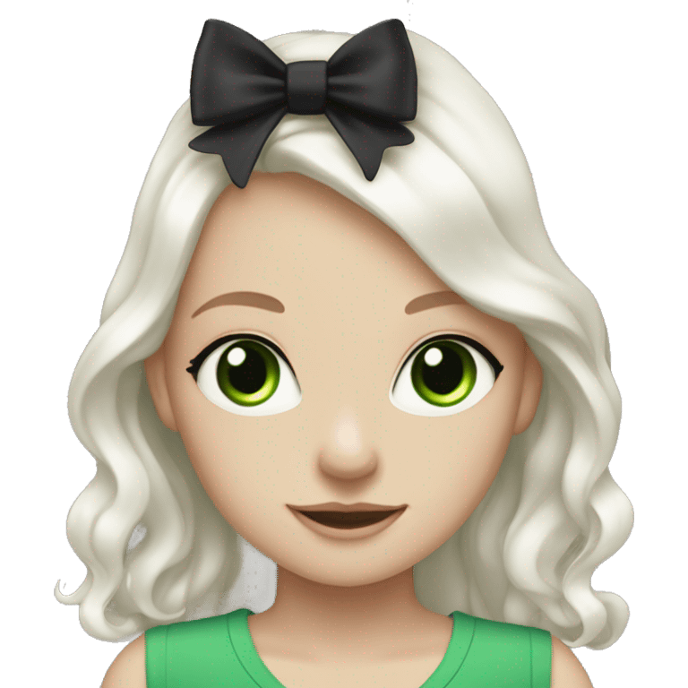 pale girl with long platinum white wavy hair with bright green eyes and wearing a black hair bow emoji