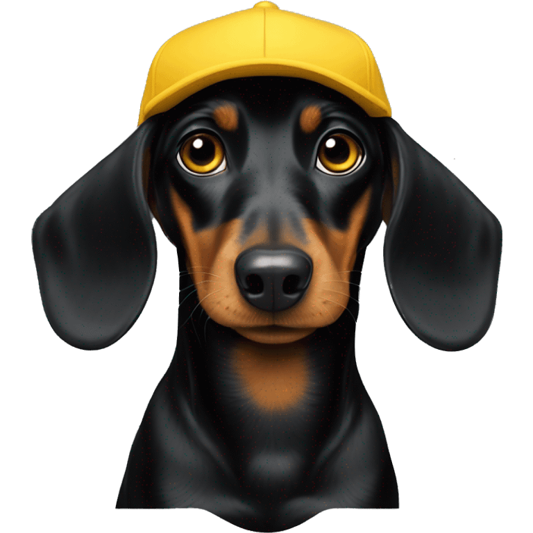 Total black dachshund wearing yellow cap LA emoji