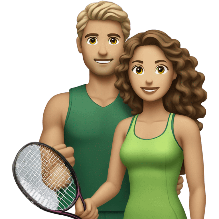 A couple playing tennis. The man is white with straight light brown hair and green eyes. The woman is lighter tan (Latina) with curly dark brown hair and light brown eyes. emoji