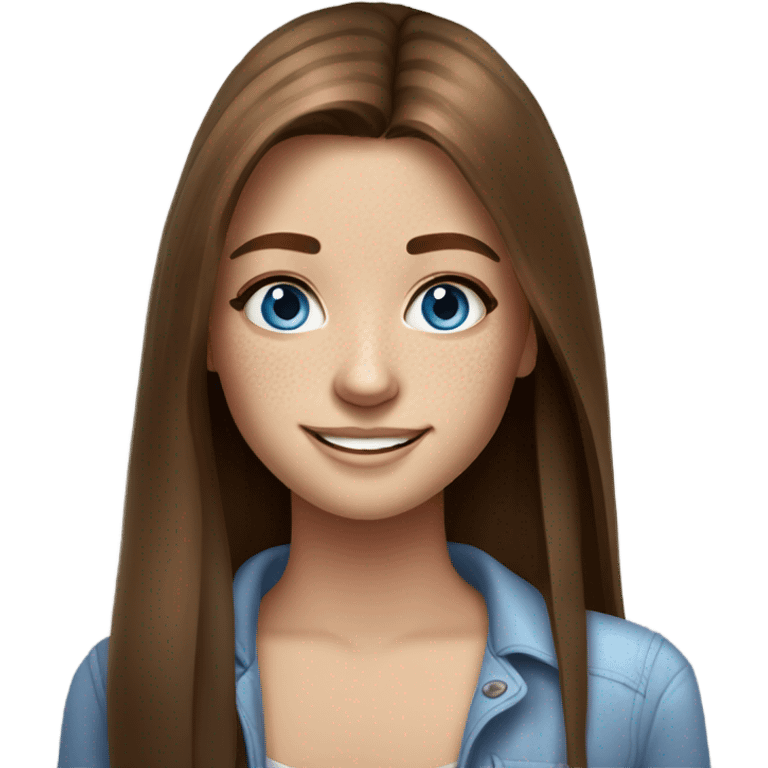 realistic portrait of smiling girl long straight brown hair freckles blue eyes hot emoji