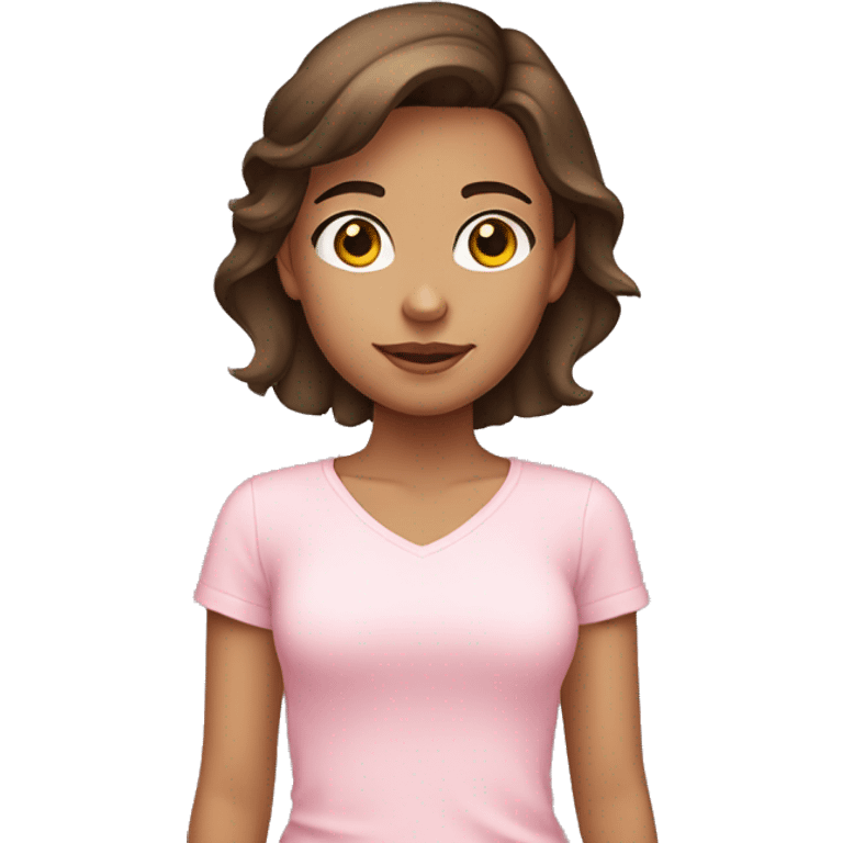 Teen girl with short brown hair brown eyes wearing a baby pink shirt and she also has tan skin emoji