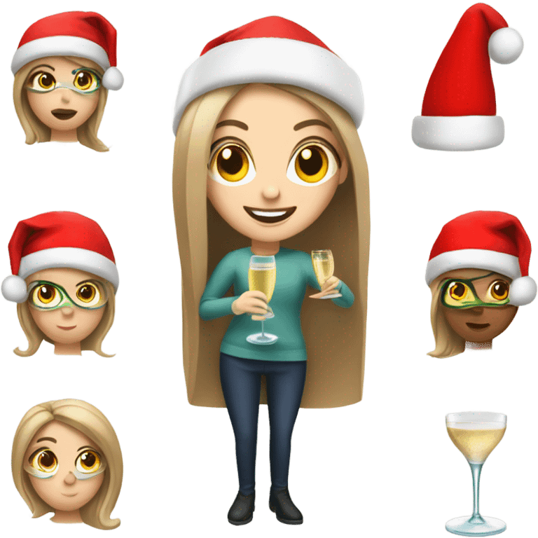 White woman with a Santa hat and a pair of scissors and a glass of champagne emoji