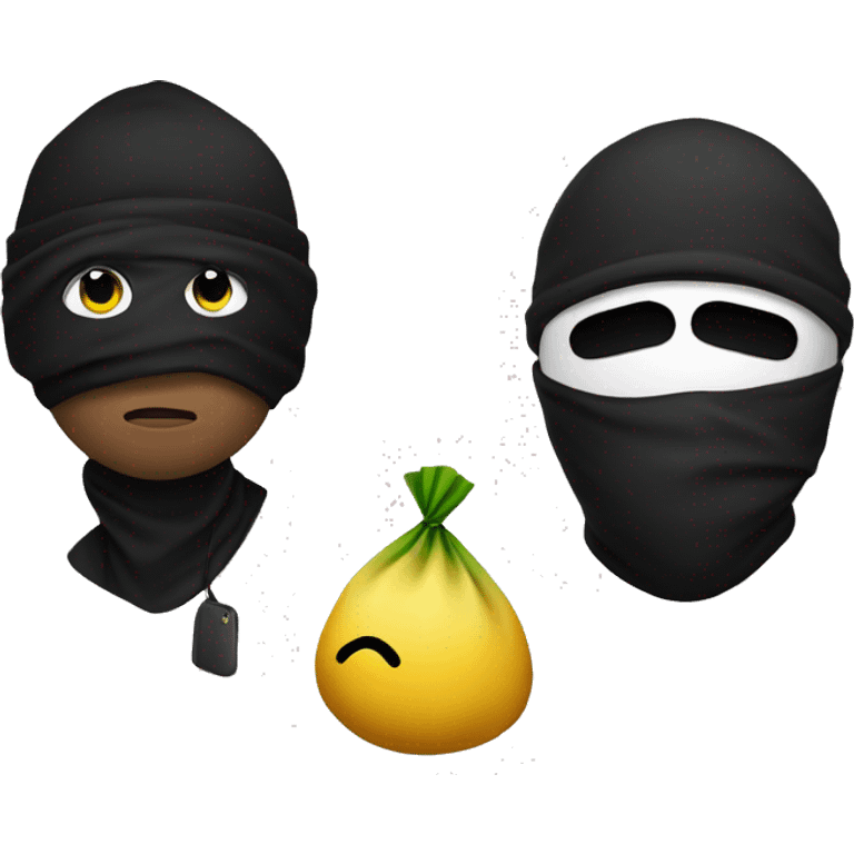 Robber Emoji with a black beanie, black eye mask with holes for his eyes, and a money bag emoji over his shoulder emoji