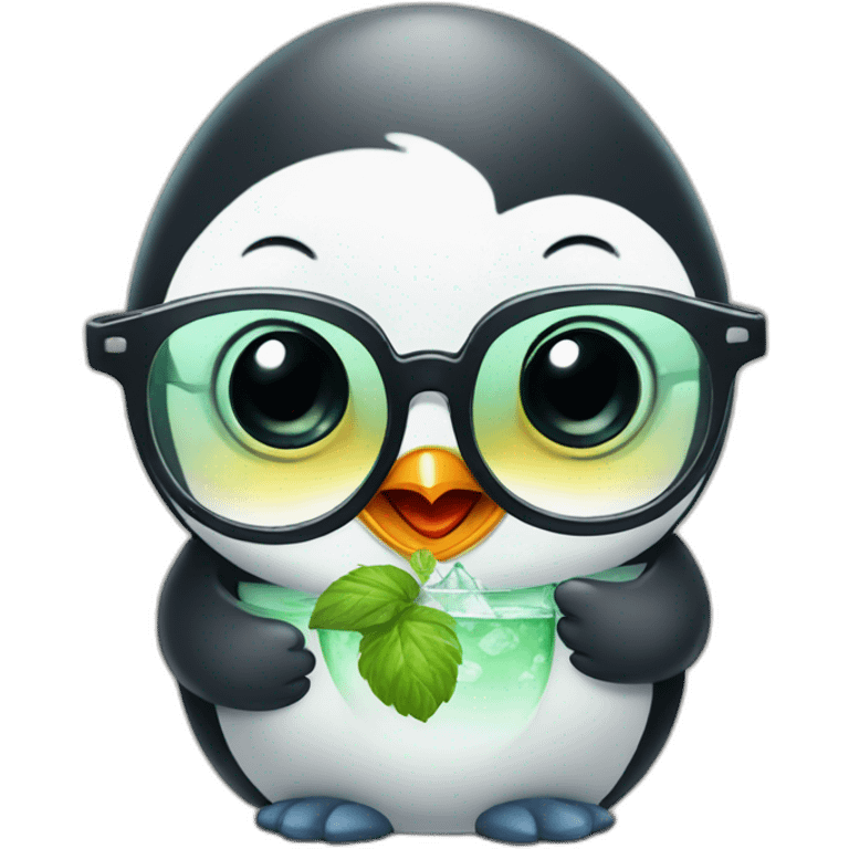 baby penguin with big glasses drinking mojito emoji