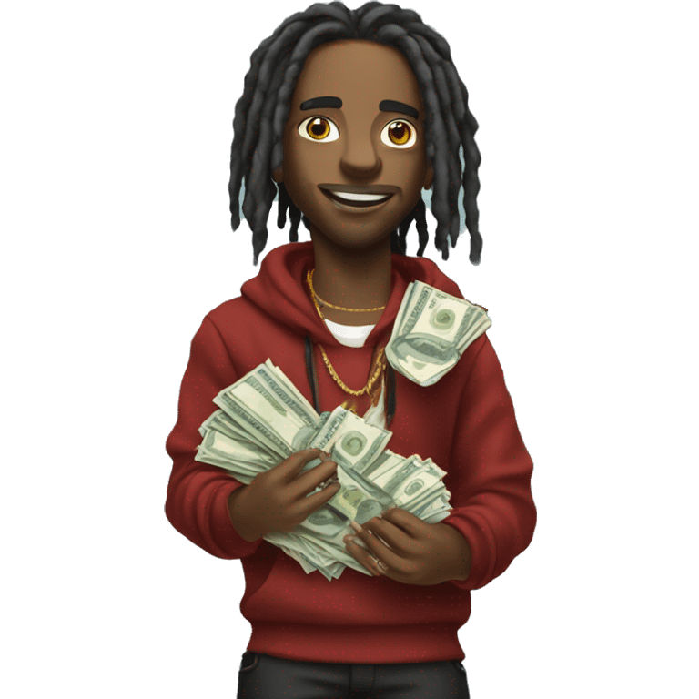 young hustler with dreads holding money with both hands wearing designer clothing  emoji