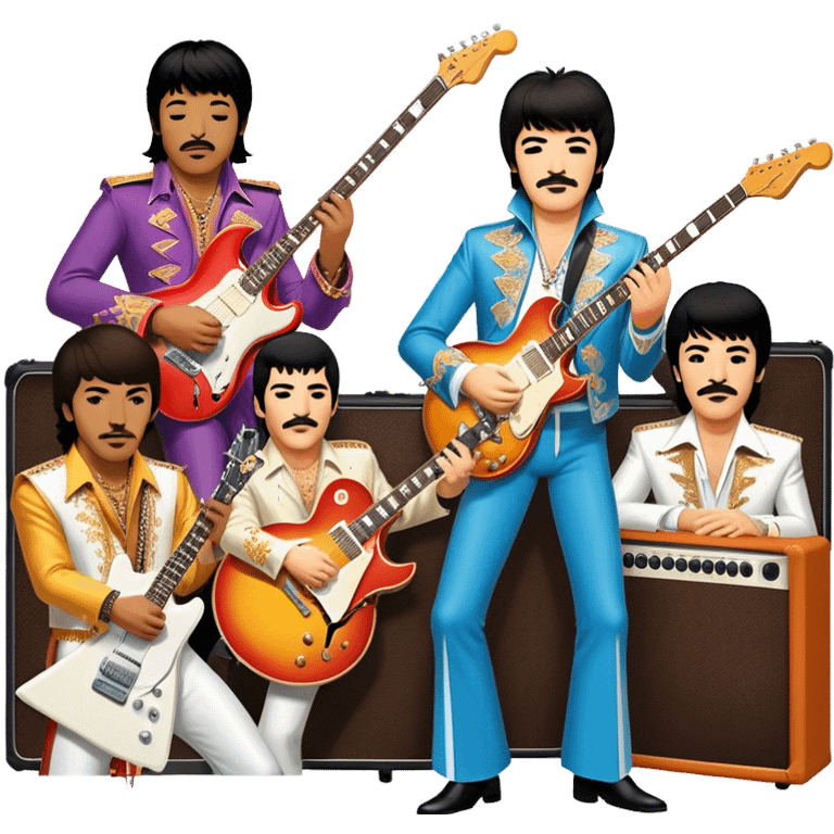 Rock music icon: dynamic collage of global rock legends like The Beatles, Jimi Hendrix, Elvis Presley, Freddy Mercury and Curt Cobane, surrounded by guitars, amplifiers, and stage lights. Symbolizing the energy and power of rock music. Transparent background. emoji