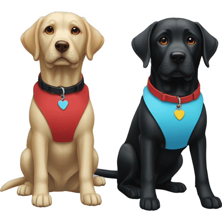 black-coloured labrador on the left with red collar, black-coloured labrador on the right with light blue collar. emoji