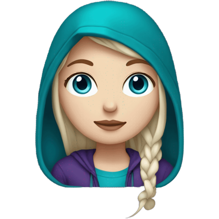 White girl, blue eyes, long teal hair, purple beanie hat, black hoodie emoji