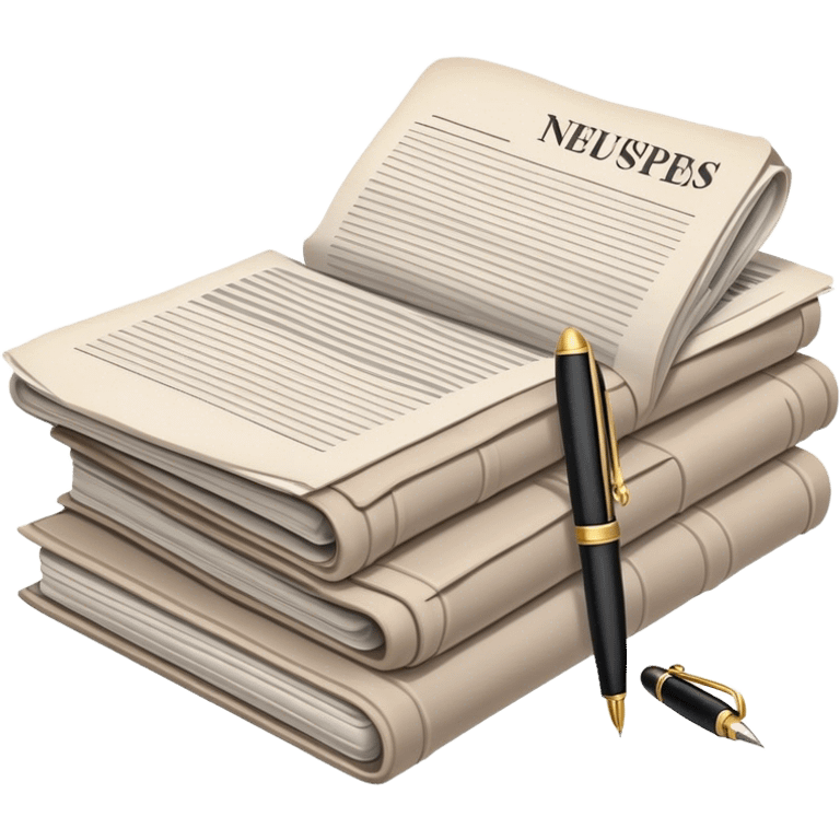 Create an emoji representing journalism and publicistic writing. The design should feature a stack of newspapers as the base, with an open working notebook placed on top of them. A single fountain pen should rest on the very top of the notebook, symbolizing the act of writing. Use neutral, professional colors like black, white, and muted tones to convey a sense of seriousness and intellect. Do not include any emojis or smiley faces. Make the background transparent. emoji