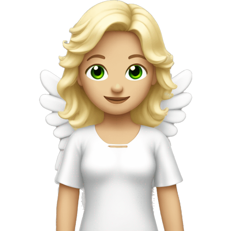 blonde girl. green eyes. pretty. smiling. wearing an angel costume with angel wings emoji