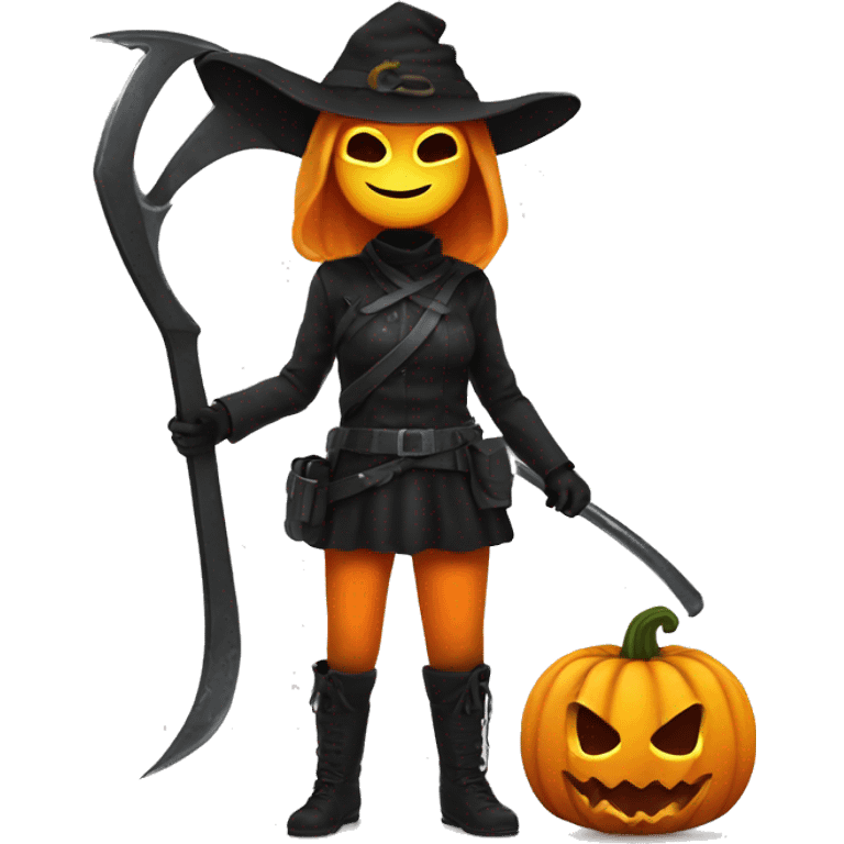 Human female pumpkin hunter with a scythe, glowing pumpkin eyes inside a black helmet, Halloween theme, emoji" emoji