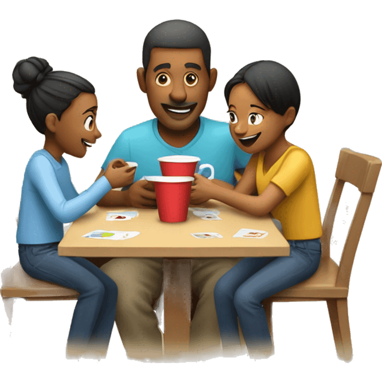 An emoji of a family—mother, father, and child—sitting at a table, playing a cup game with paper cups arranged on the table as they have fun together emoji