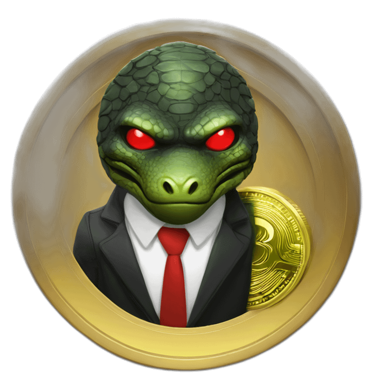 Reptiloid in black suite with red laser eyes on the gold coin emoji